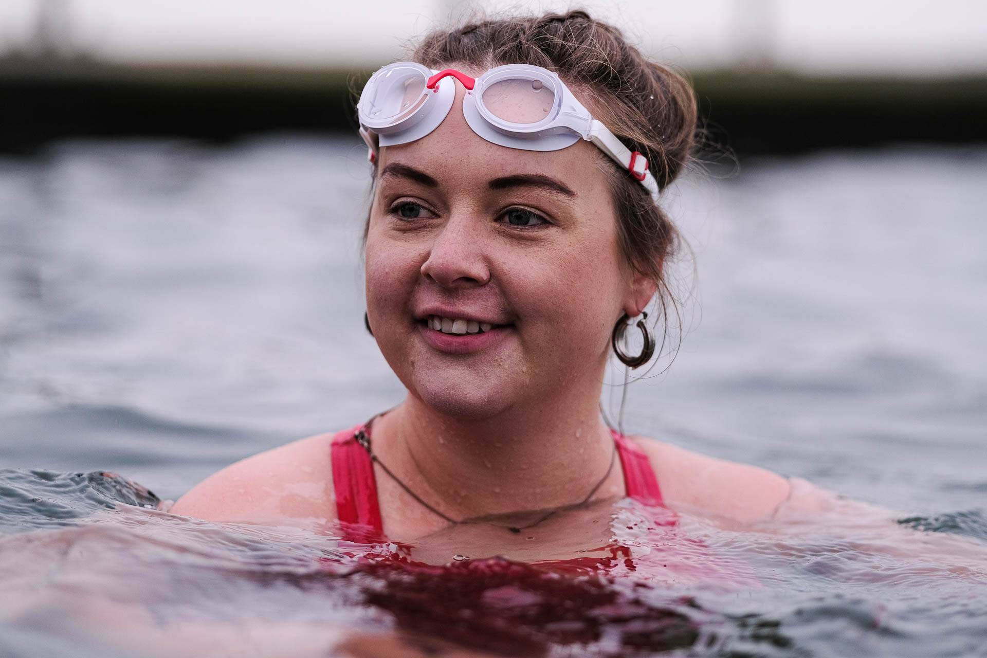 Lauren Holt outdoor swimming in Clevedon Marine Lake wearing Speedo Goggles for Mental Health Swims shot with the Fuji 90mm f2 on an XT-3